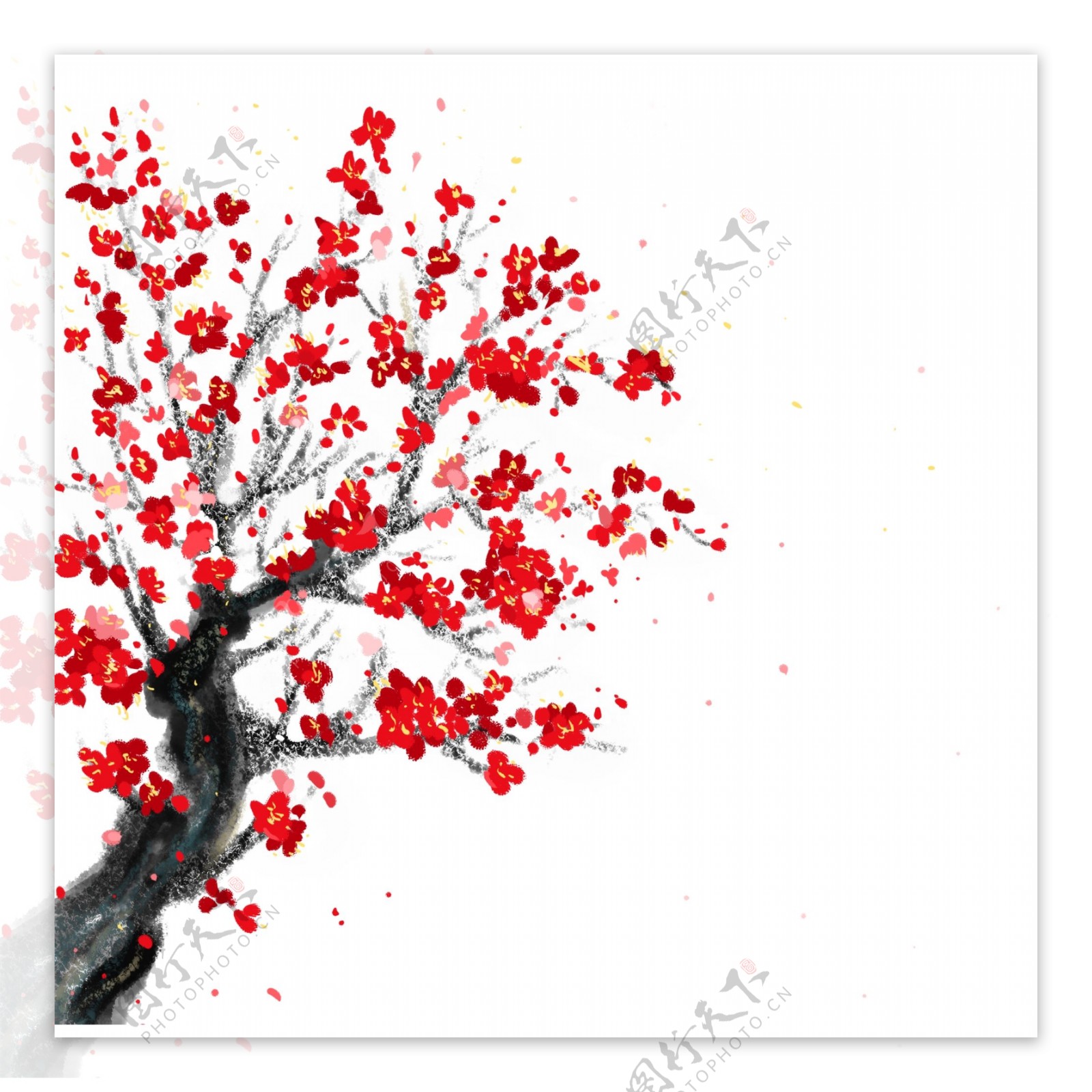 古风手绘红梅和雪唯美设计素材