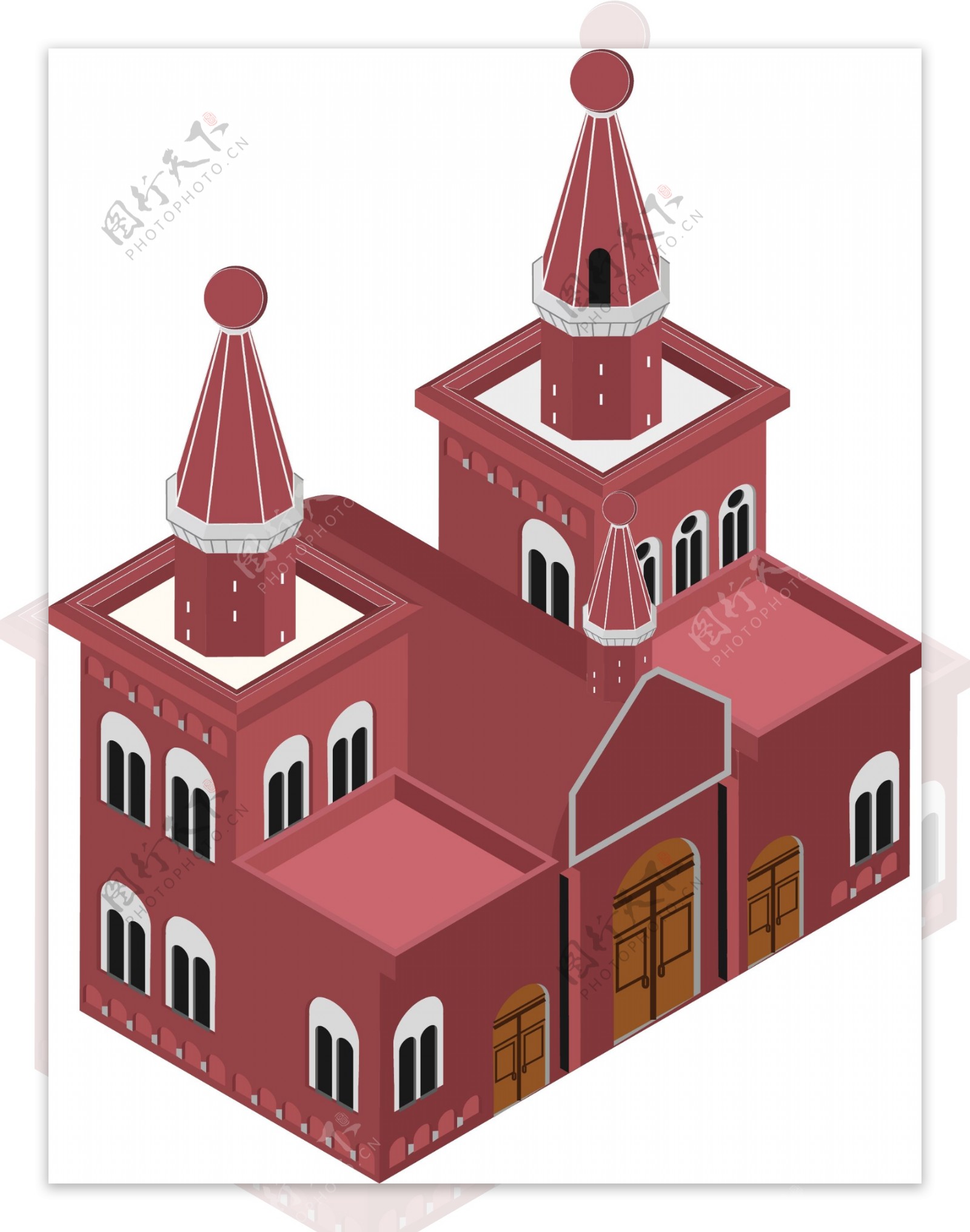 2.5D红色教堂场景AI素材线性建筑