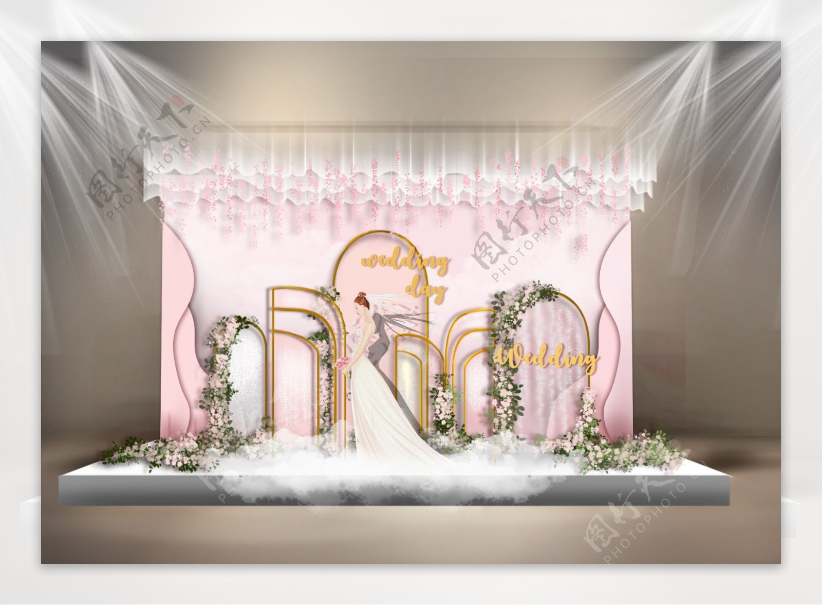 粉白色梦幻主题婚礼迎宾合影区效果图