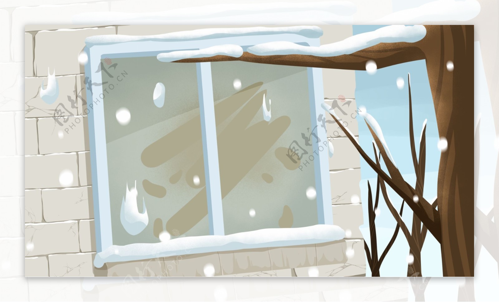 手绘窗外的冬天风景背景素材