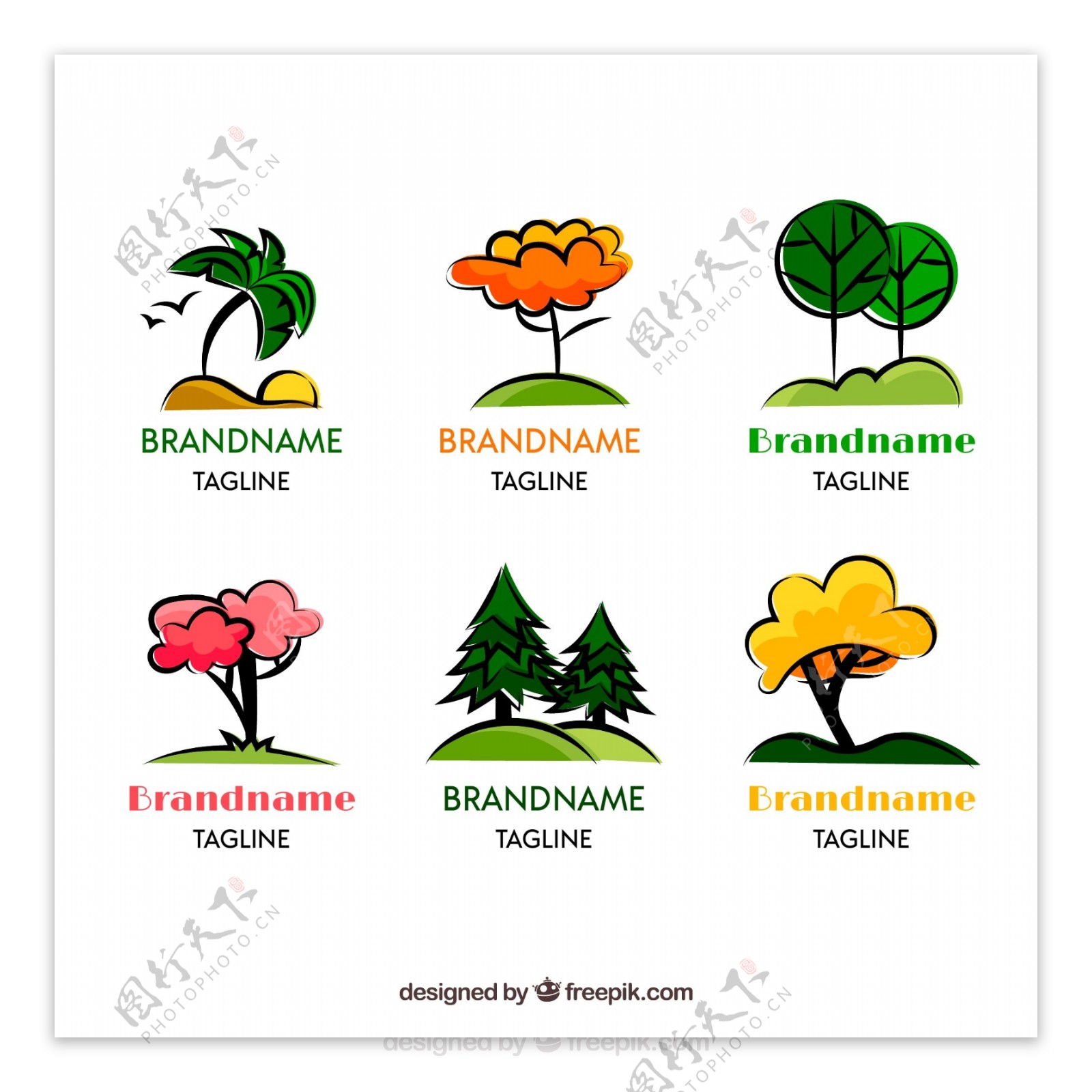 6款彩色树木标志矢量素材