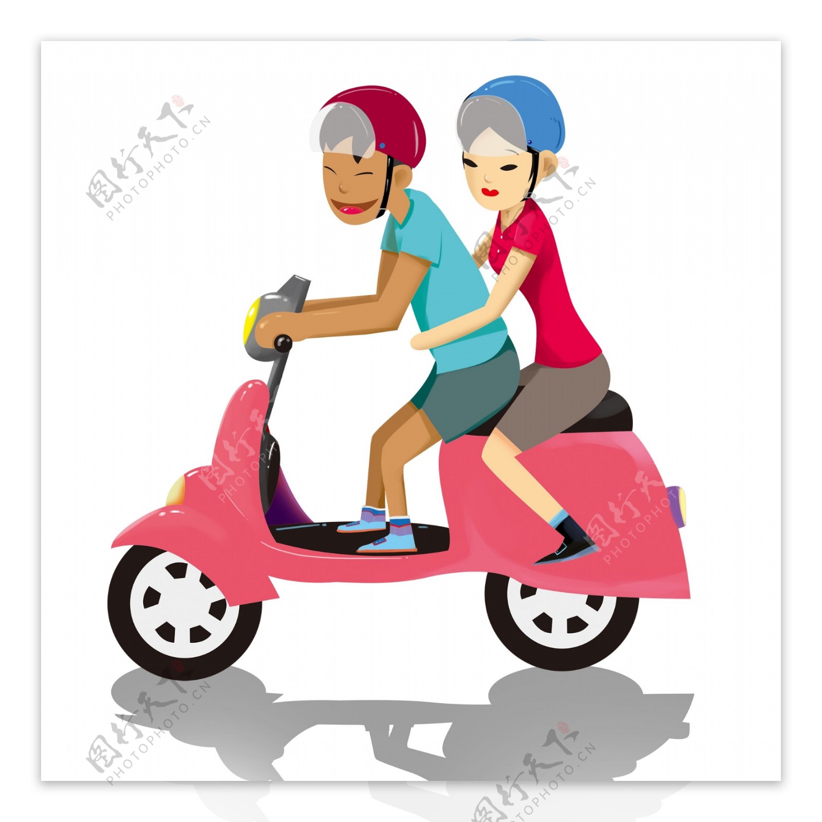 卡通安全出行情侣带着头盔骑电动车