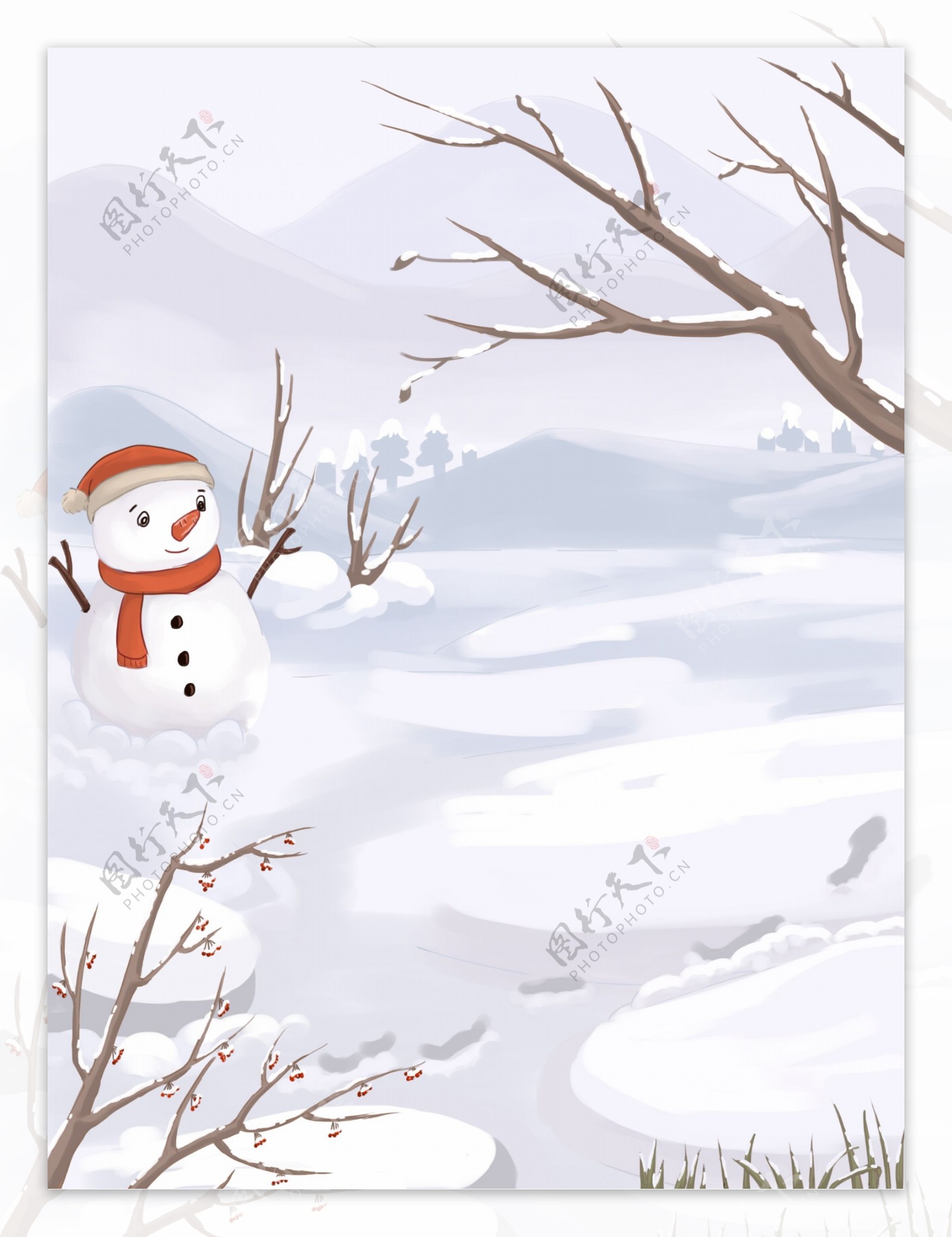 白色冬季雪人雪地背景设计