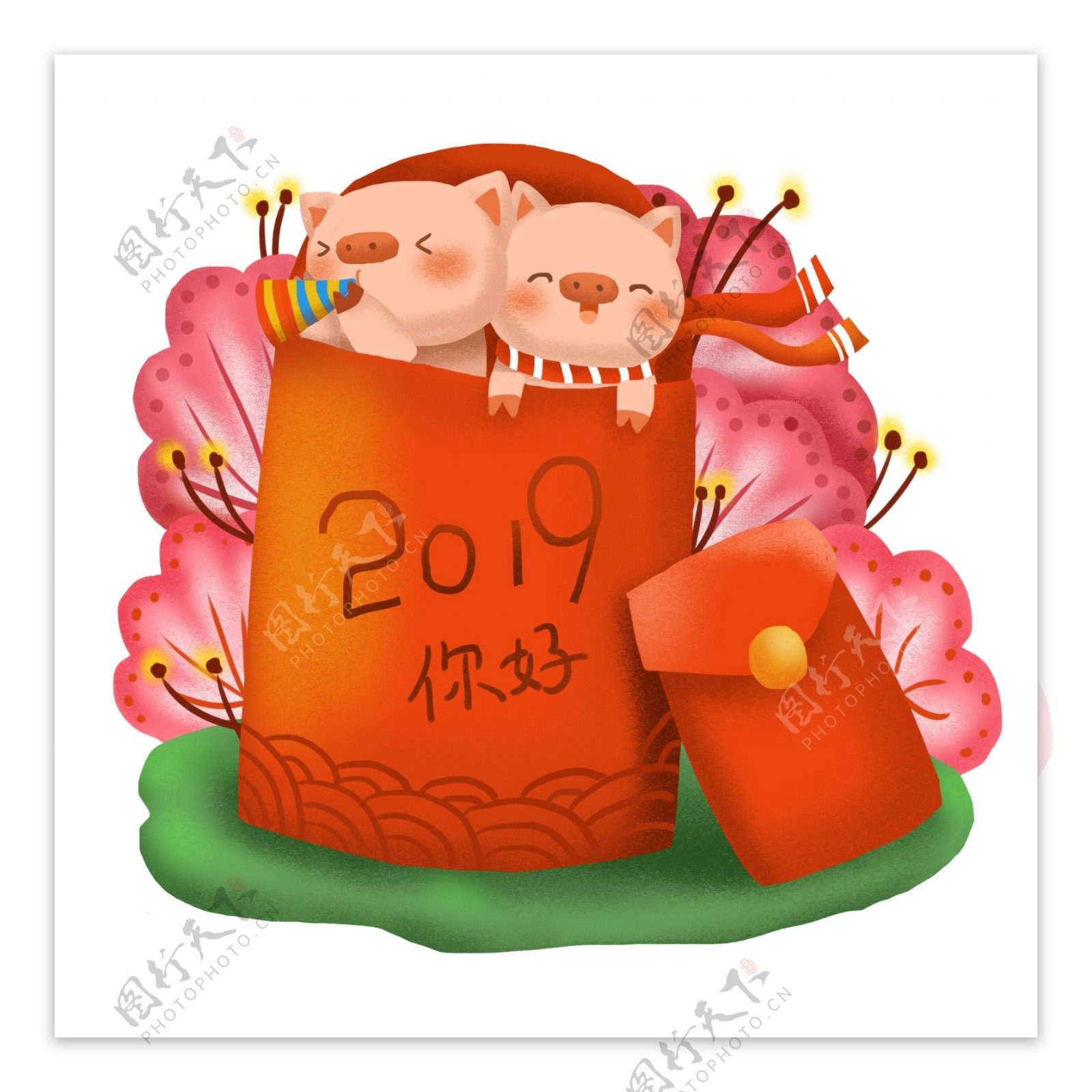 2019你好猪与新年喜庆红包插画