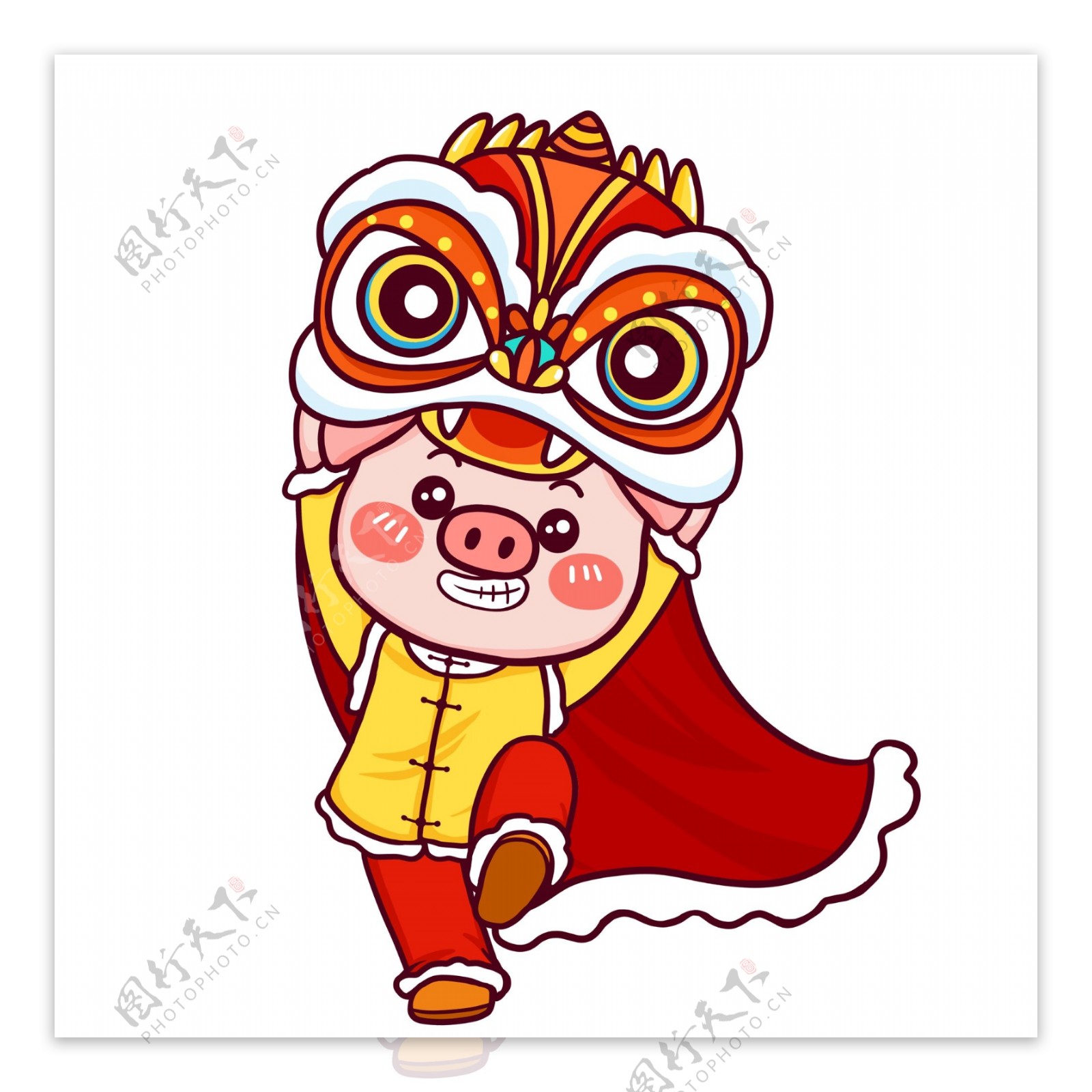 喜庆中国风舞狮的小猪形象设计元素