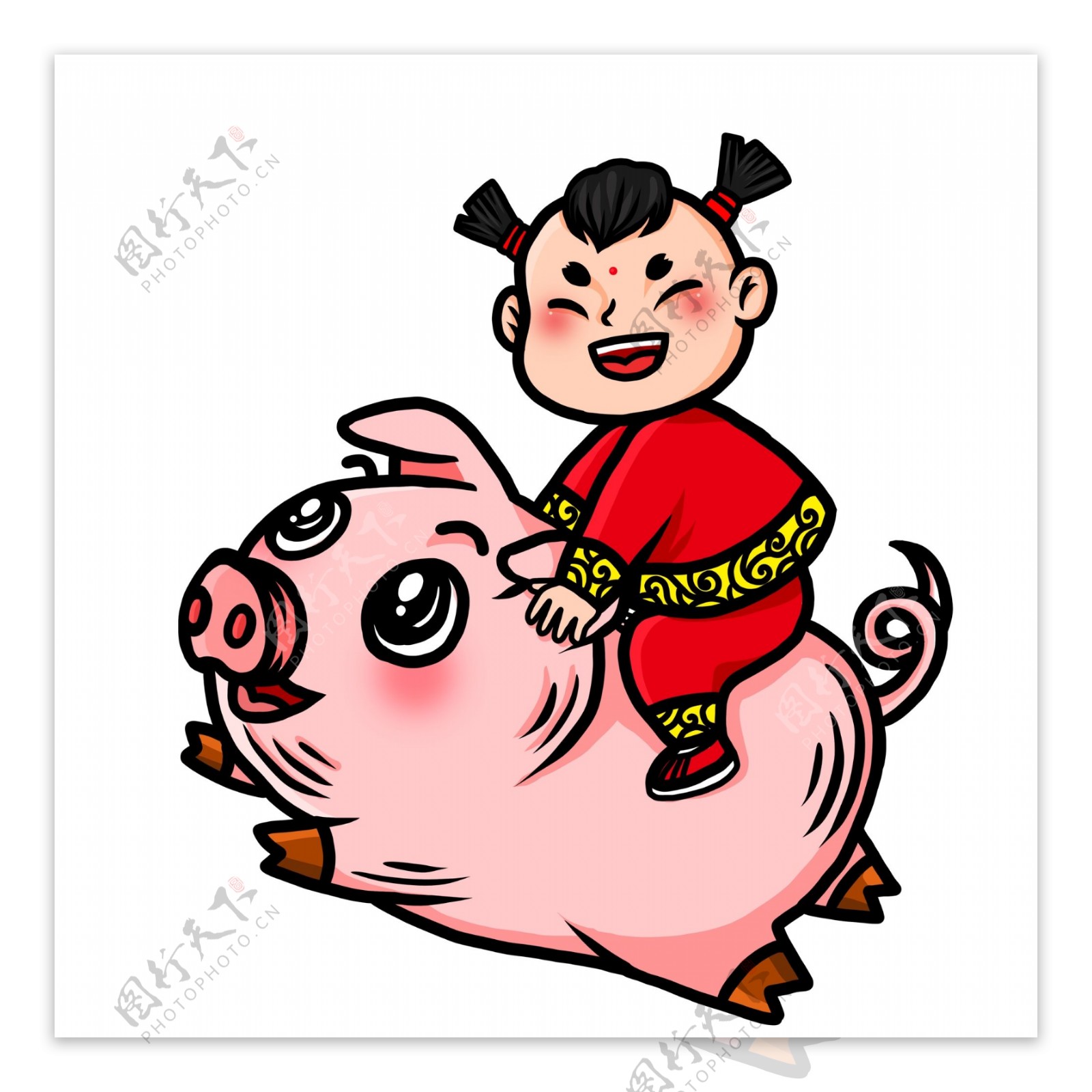 彩绘骑着小猪的中国娃娃