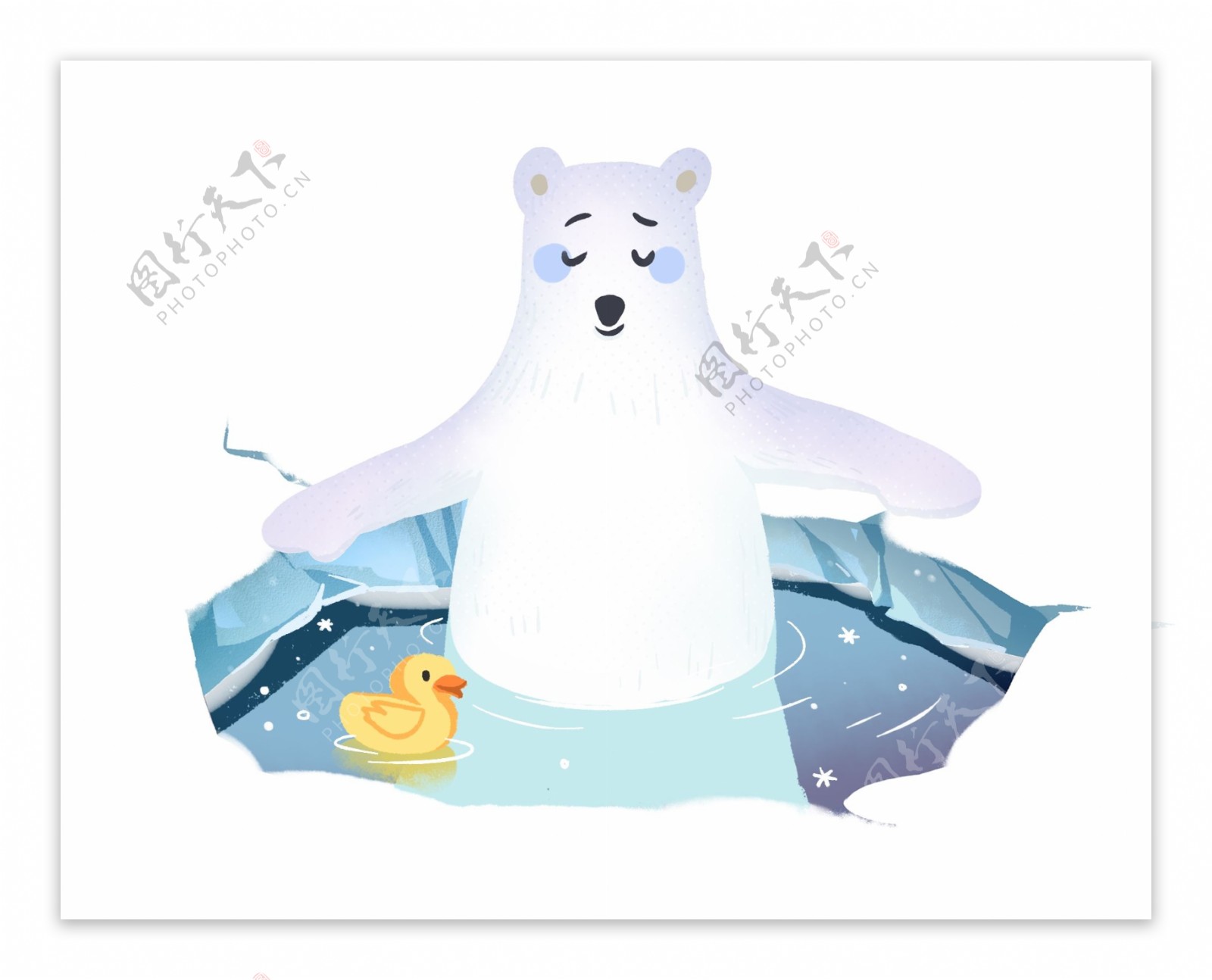 冬天可爱北极熊雪地泡澡手绘免抠素材