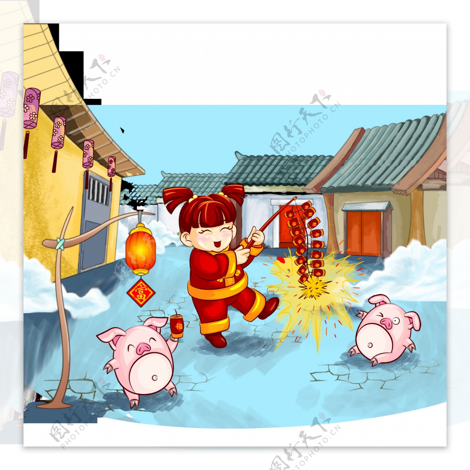 新春春节年三十守岁的小女孩喝两只小猪