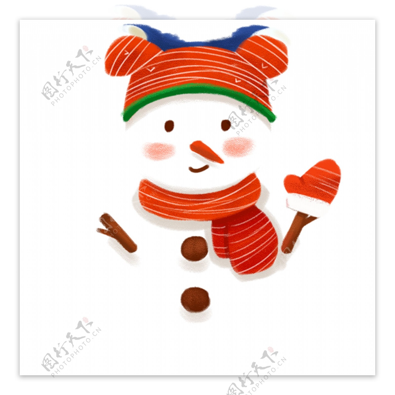 冬季带着红色条纹帽子的卡通雪人