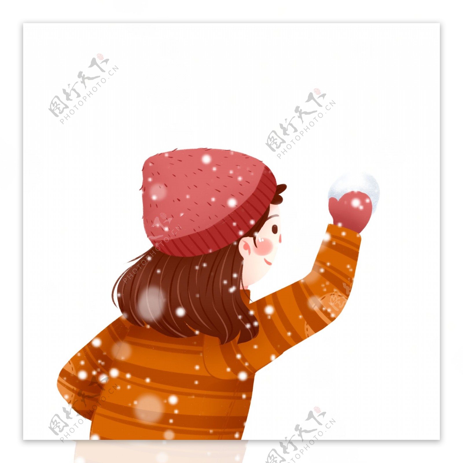 卡通大雪中的扔雪球的女孩