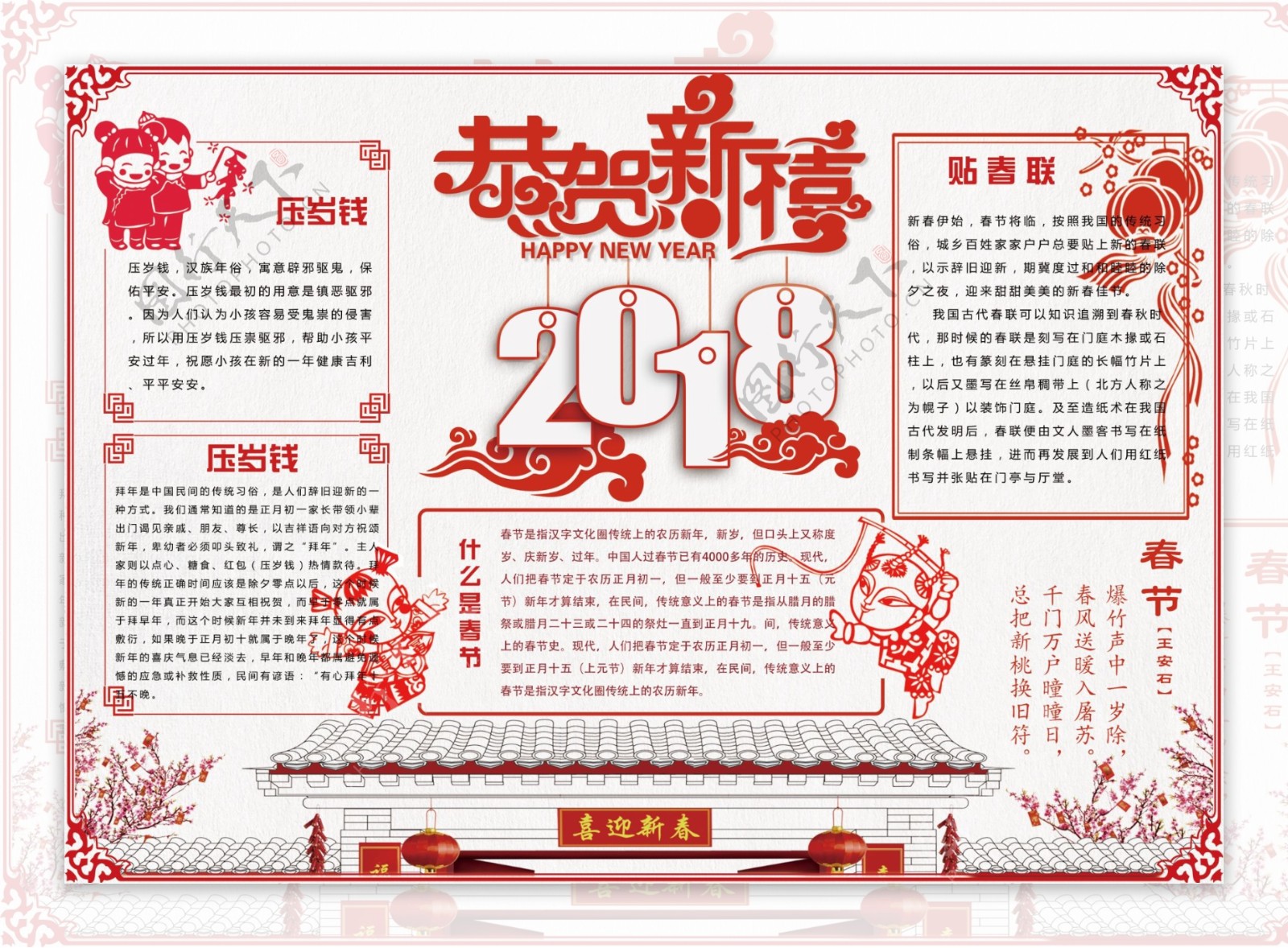 中国风学生新年小报手抄报模板