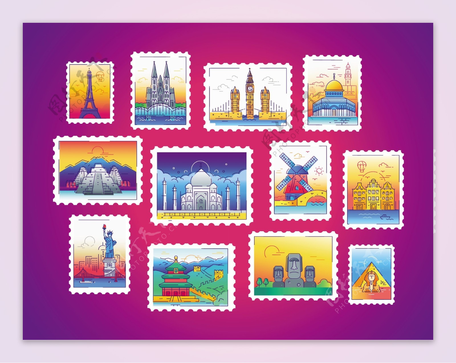 邮票矢量旅游插图图标