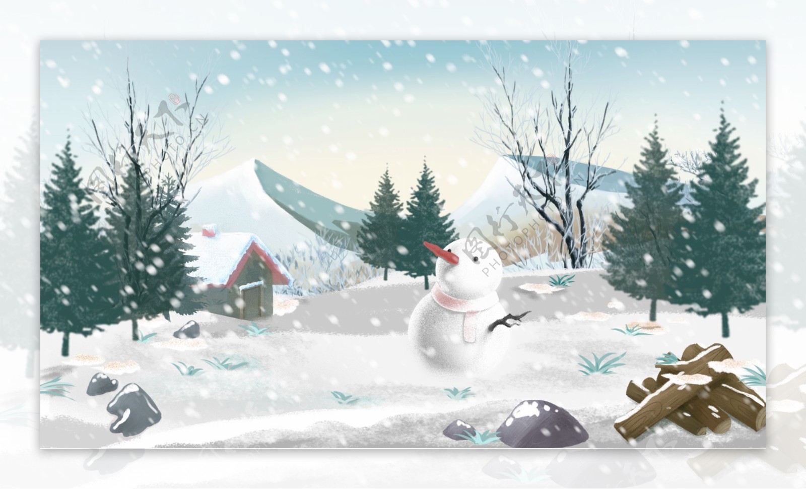 唯美清新雪人下雪风景冬天雪景插画