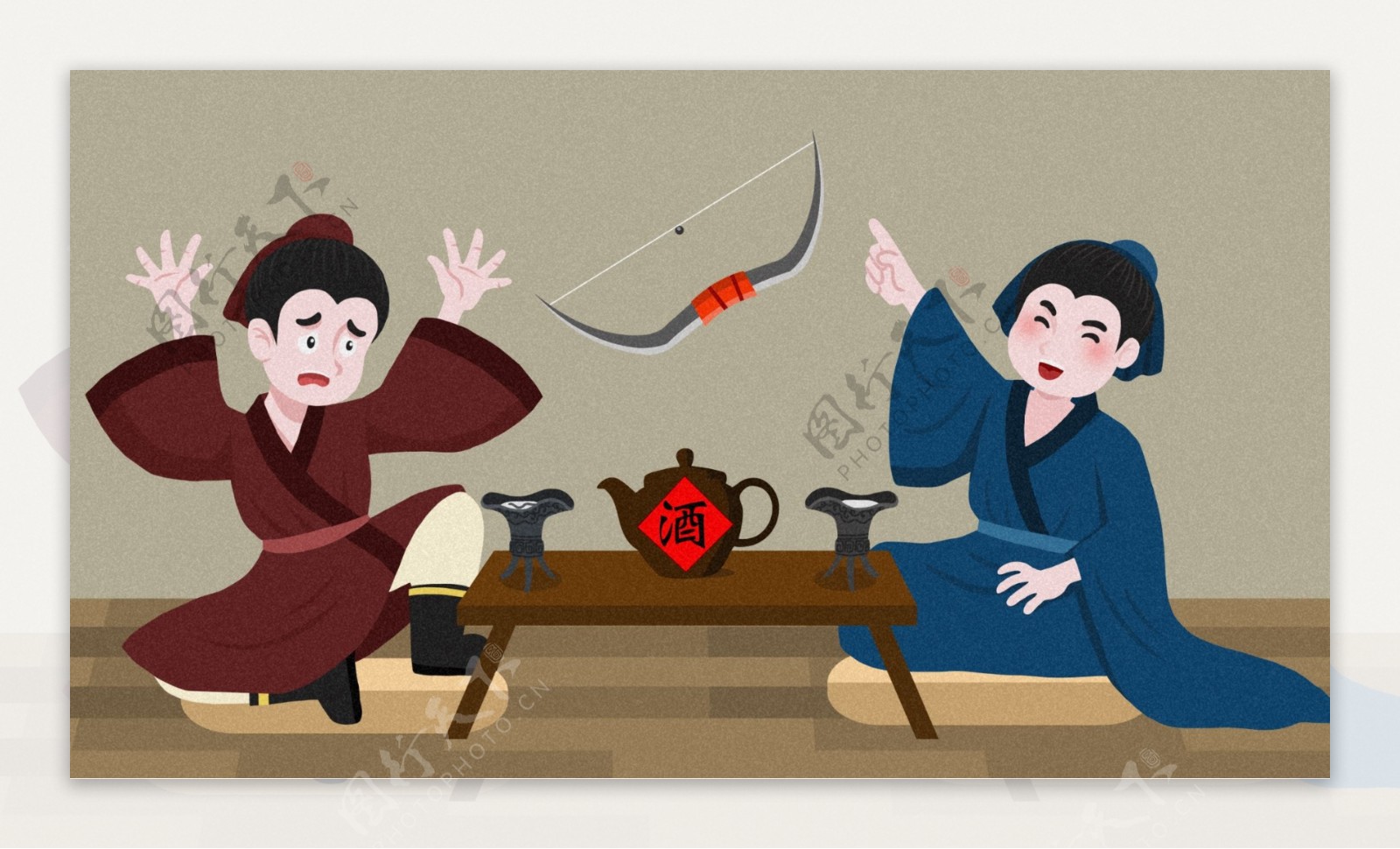 卡通中国成语故事杯弓蛇影插画