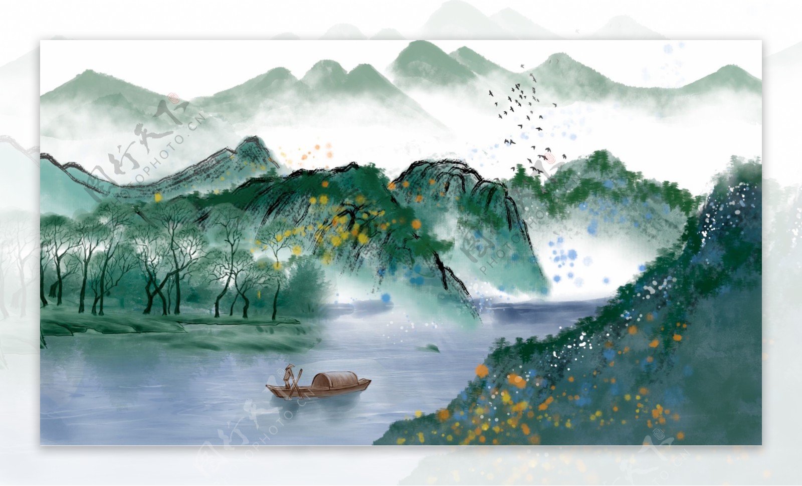复古中国水墨画风景画水彩画插画