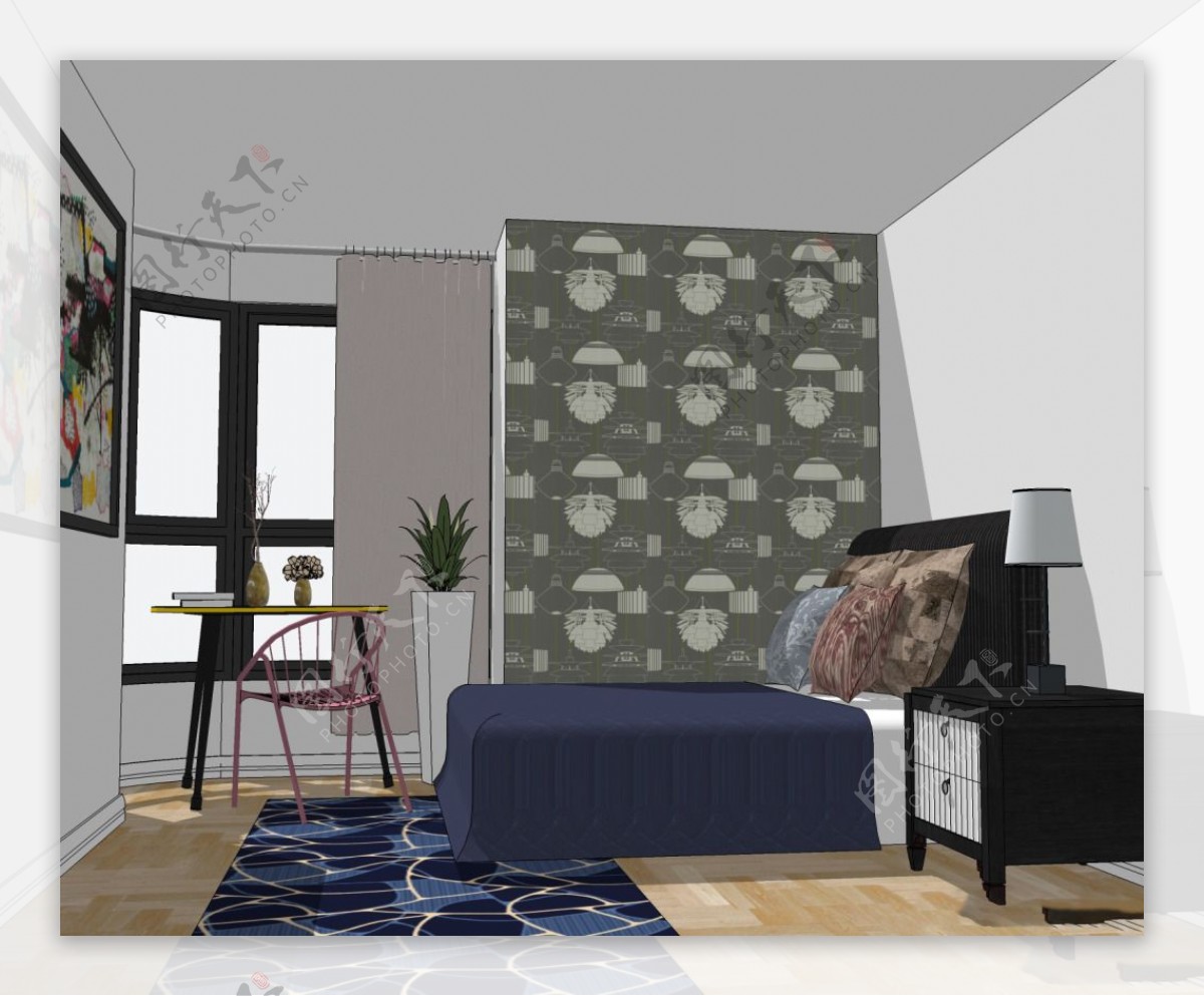 现代简约家居卧室3d模型综合效果图