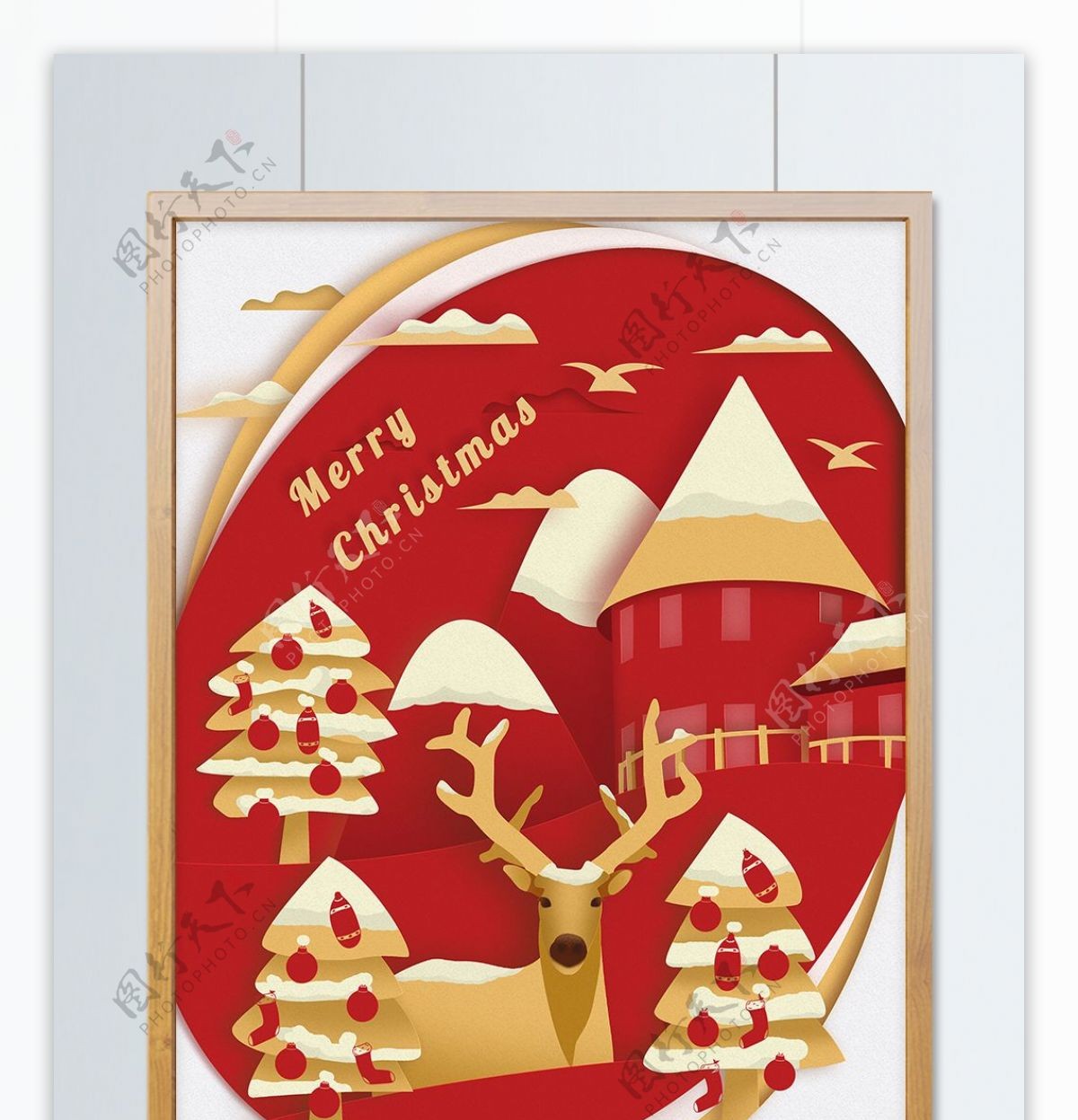 圣诞节之纸片森林别墅麋鹿剪纸风插画