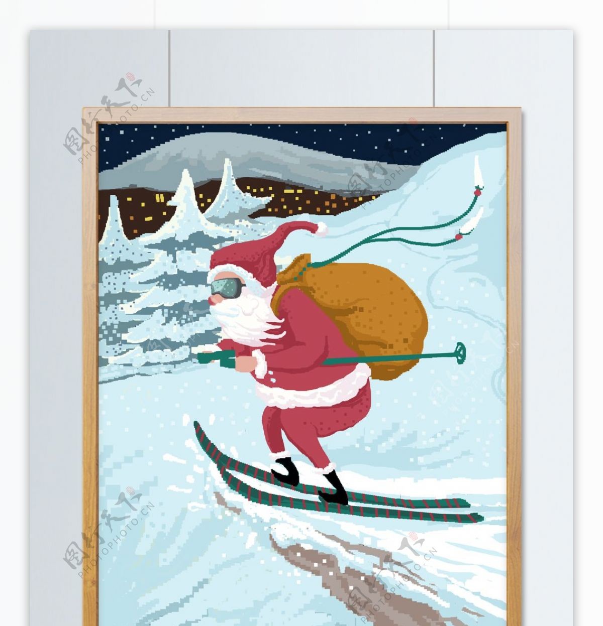 圣诞节80s复古像素插画素材圣诞老人滑雪