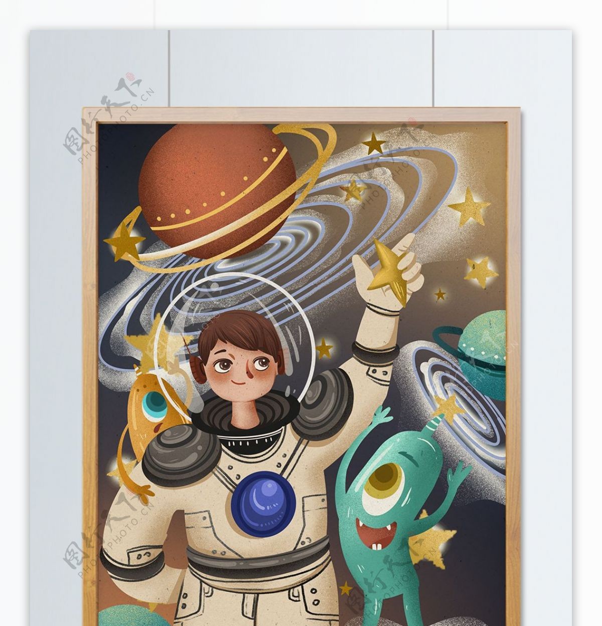 宇宙的奇妙之旅宇航员摘星星可爱插画