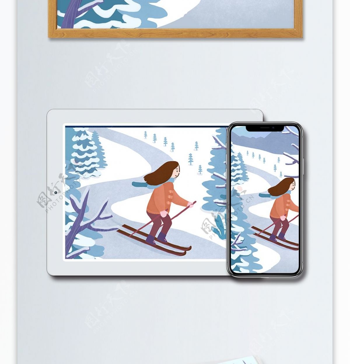 小清新手绘冬季女孩滑雪