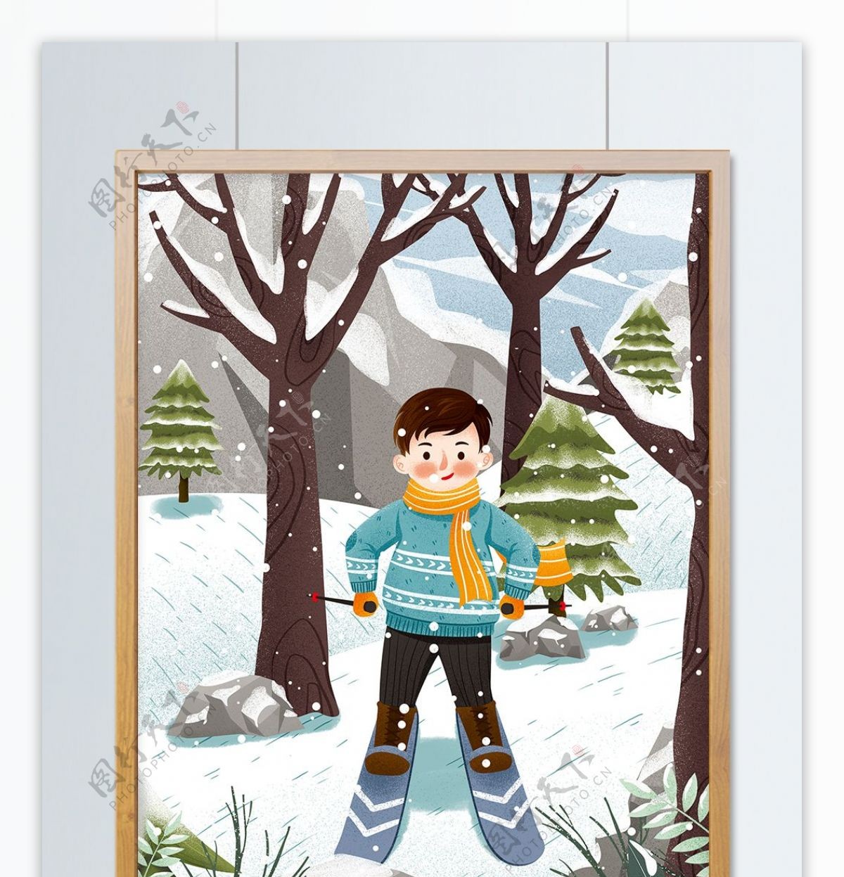 冬季男孩雪中滑雪冬天雪景插画