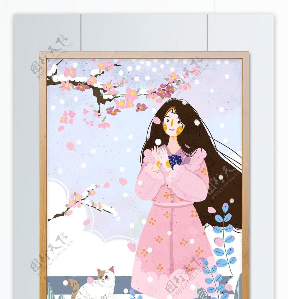 扁平风手绘唯美冬景雪中的女孩插画