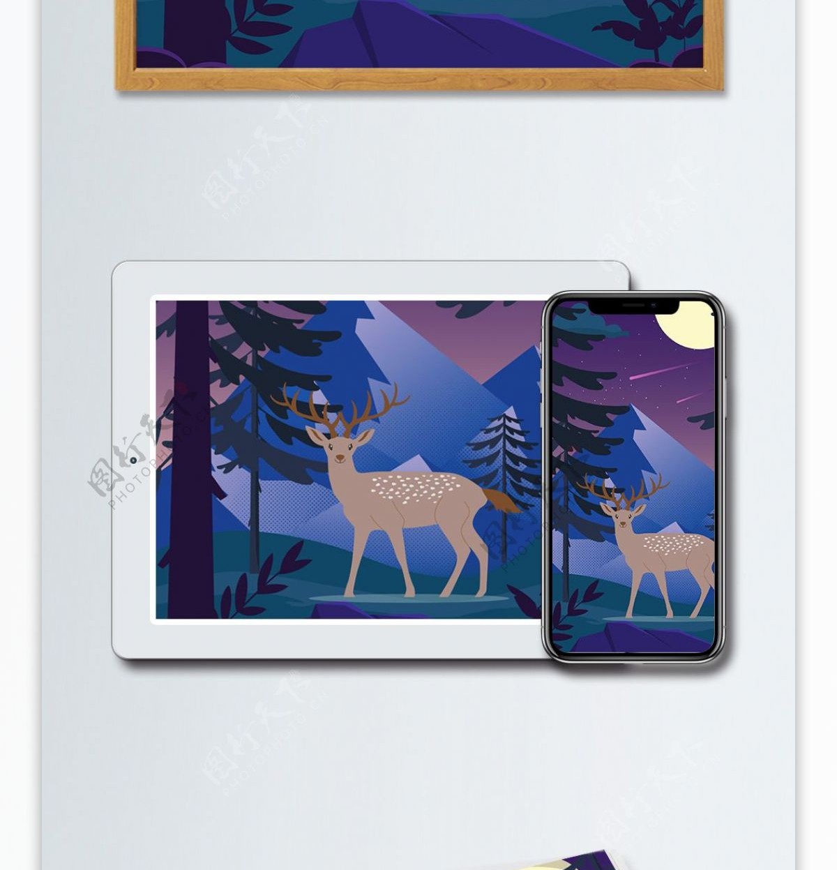 紫色森林月光下的鹿插画