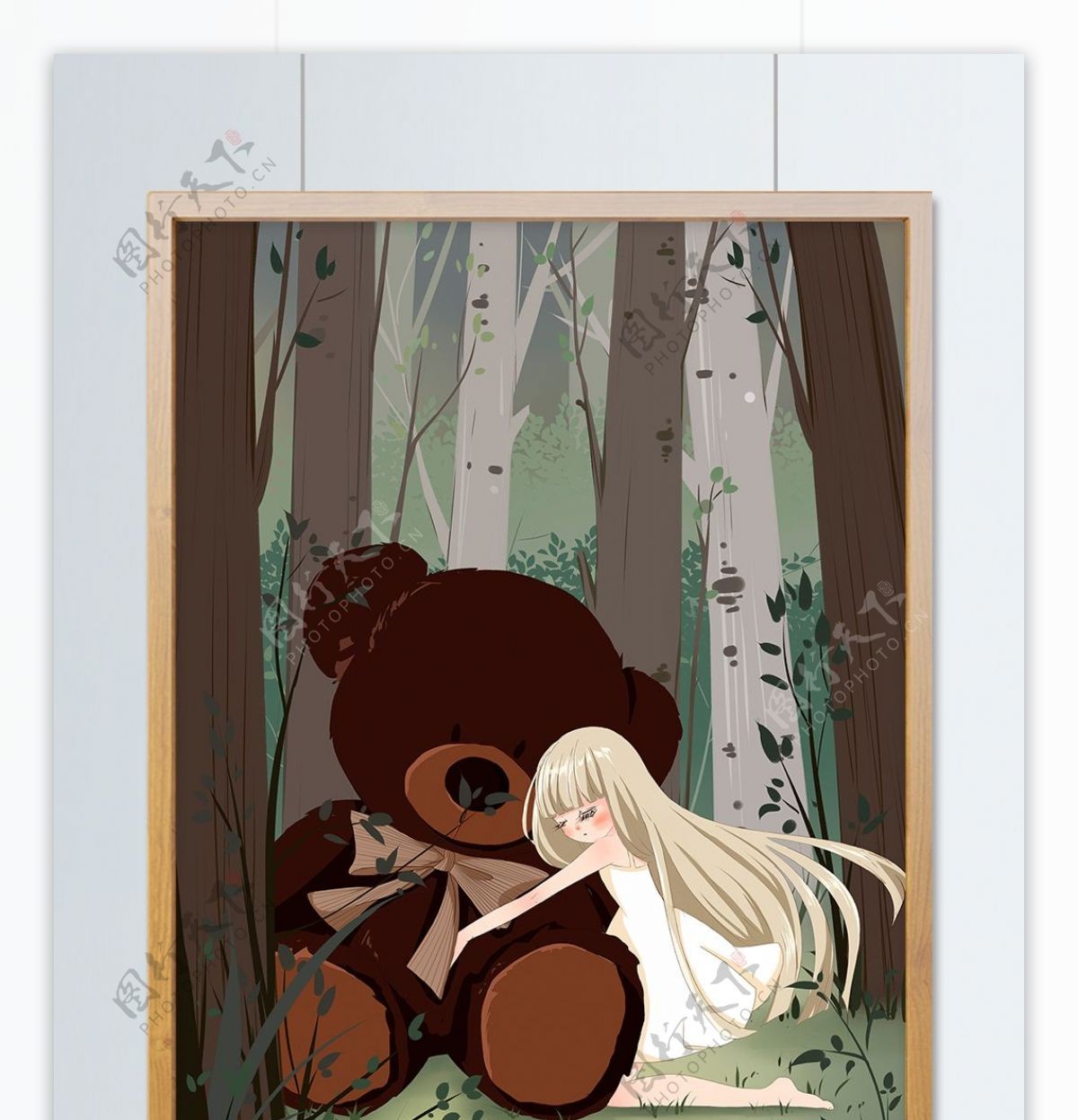 国际儿童节陪伴树林里女孩与泰迪熊治愈插画