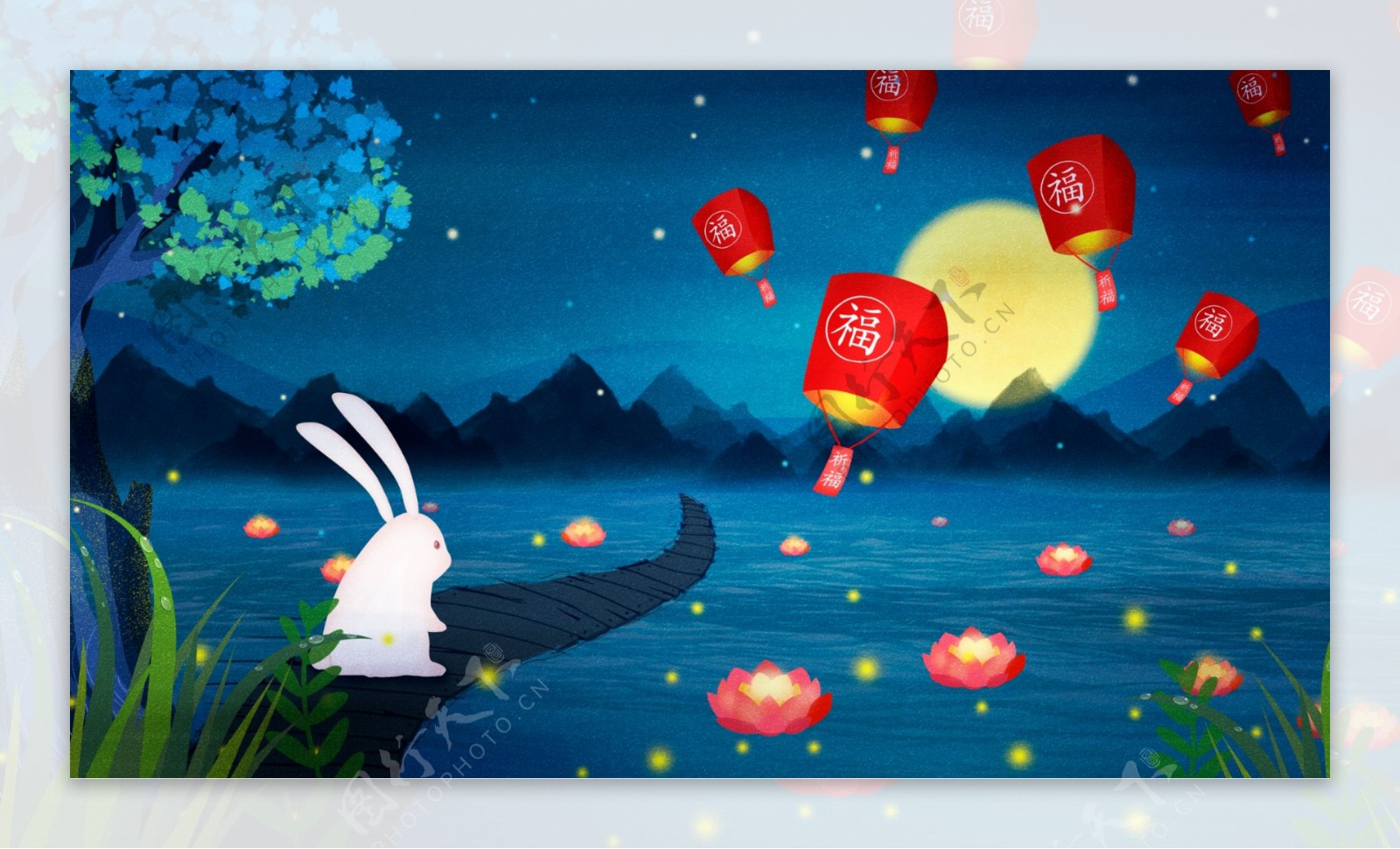 夜晚中元节兔子放莲花灯插画