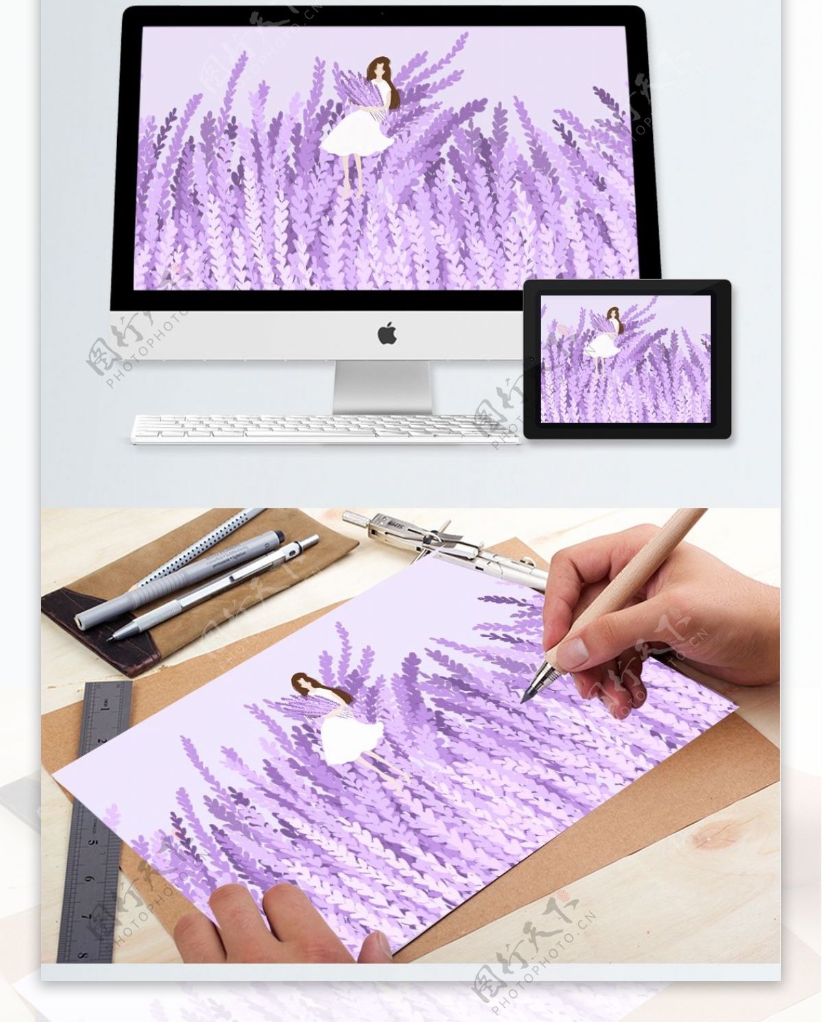 紫色唯美幻想插图女孩和她的花园系列之薰衣草
