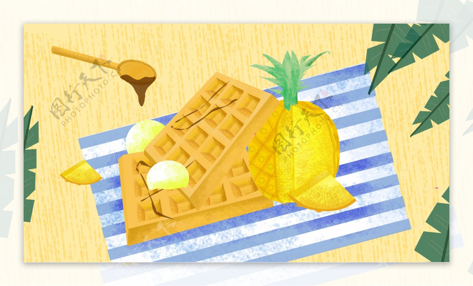 蜂蜜松饼和菠萝野餐原创手绘美食插画