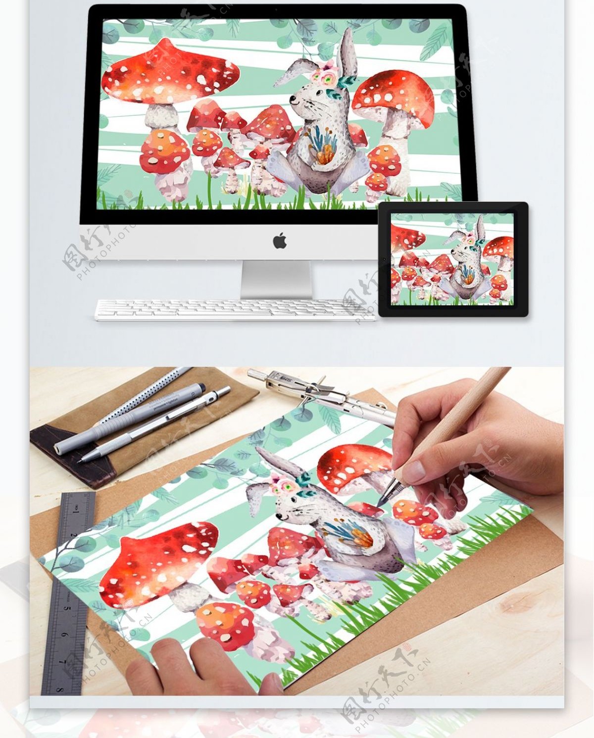 原创蘑菇儿童画本插画森林可爱的小动物兔子