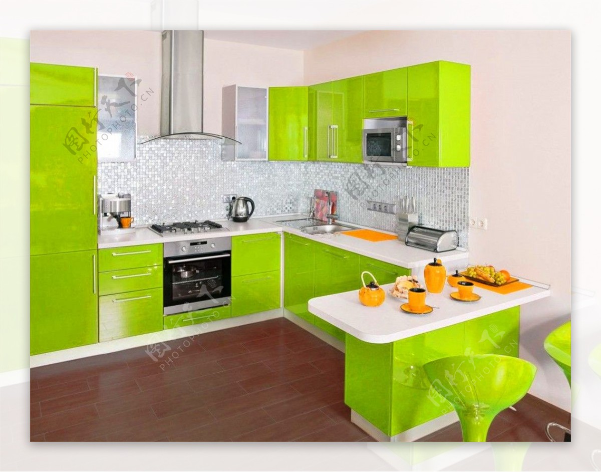 简约家装风格小厨房绿色橱柜装修效果图