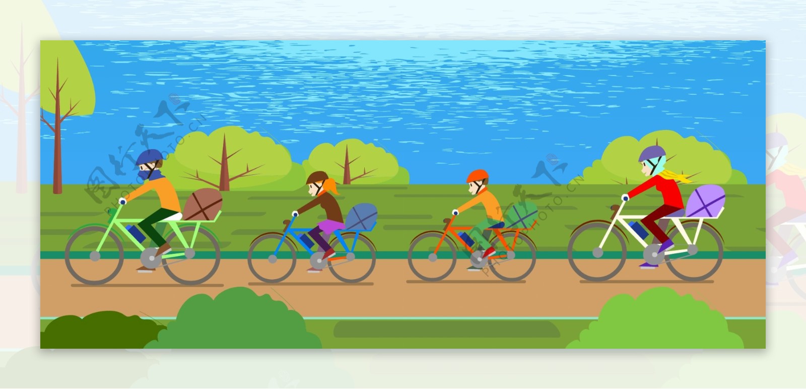 淘宝户外运动矢量自行车公路海边树木海报