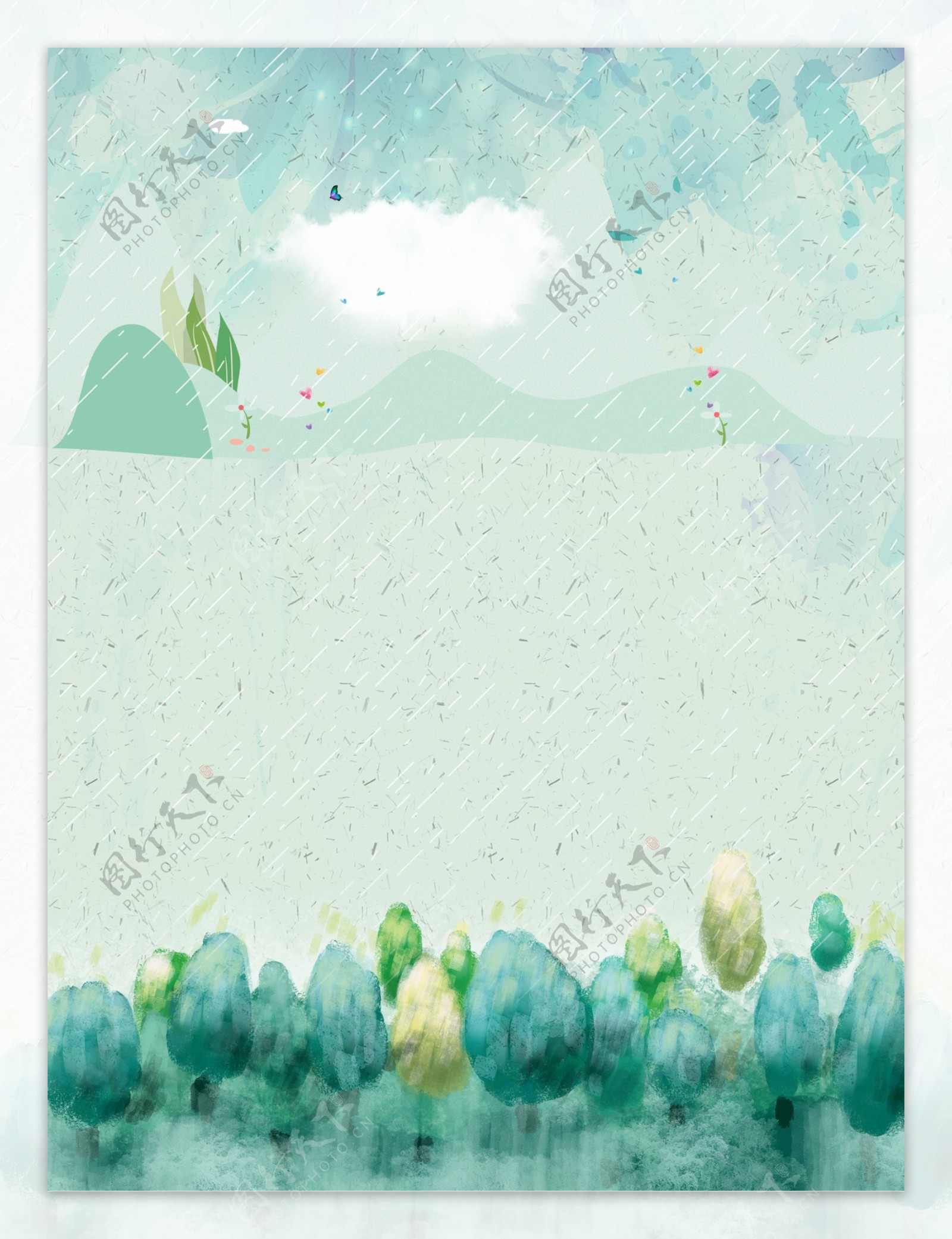 手绘绿色卡通谷雨背景