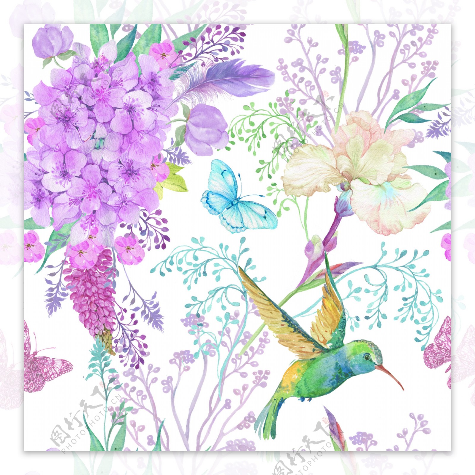 手绘紫色绣球花卉jpg背景素材