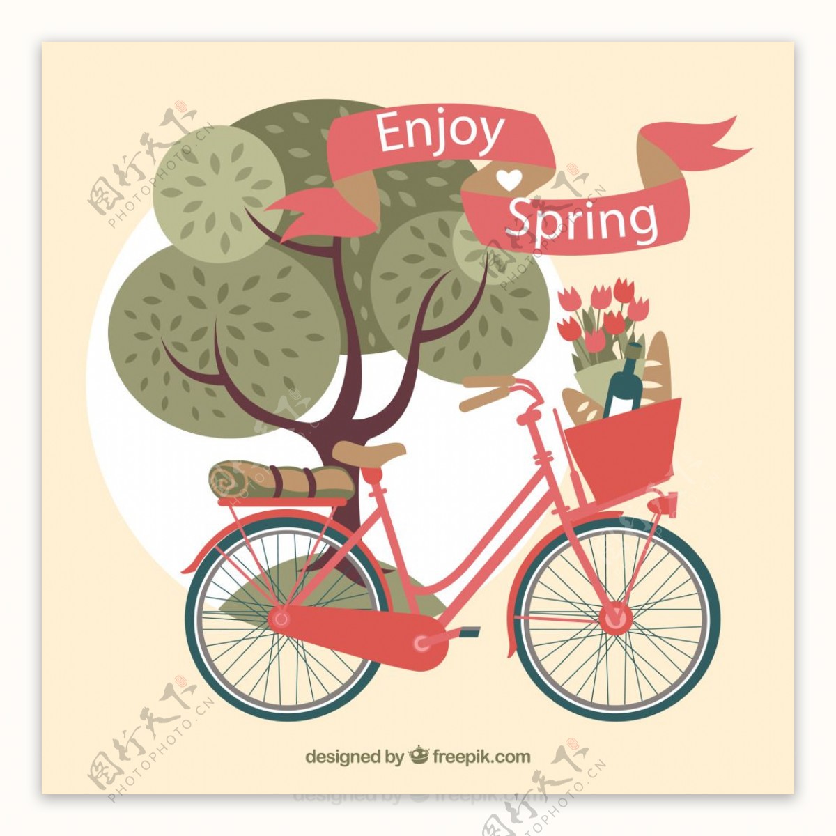 春季树木与单车矢量素材