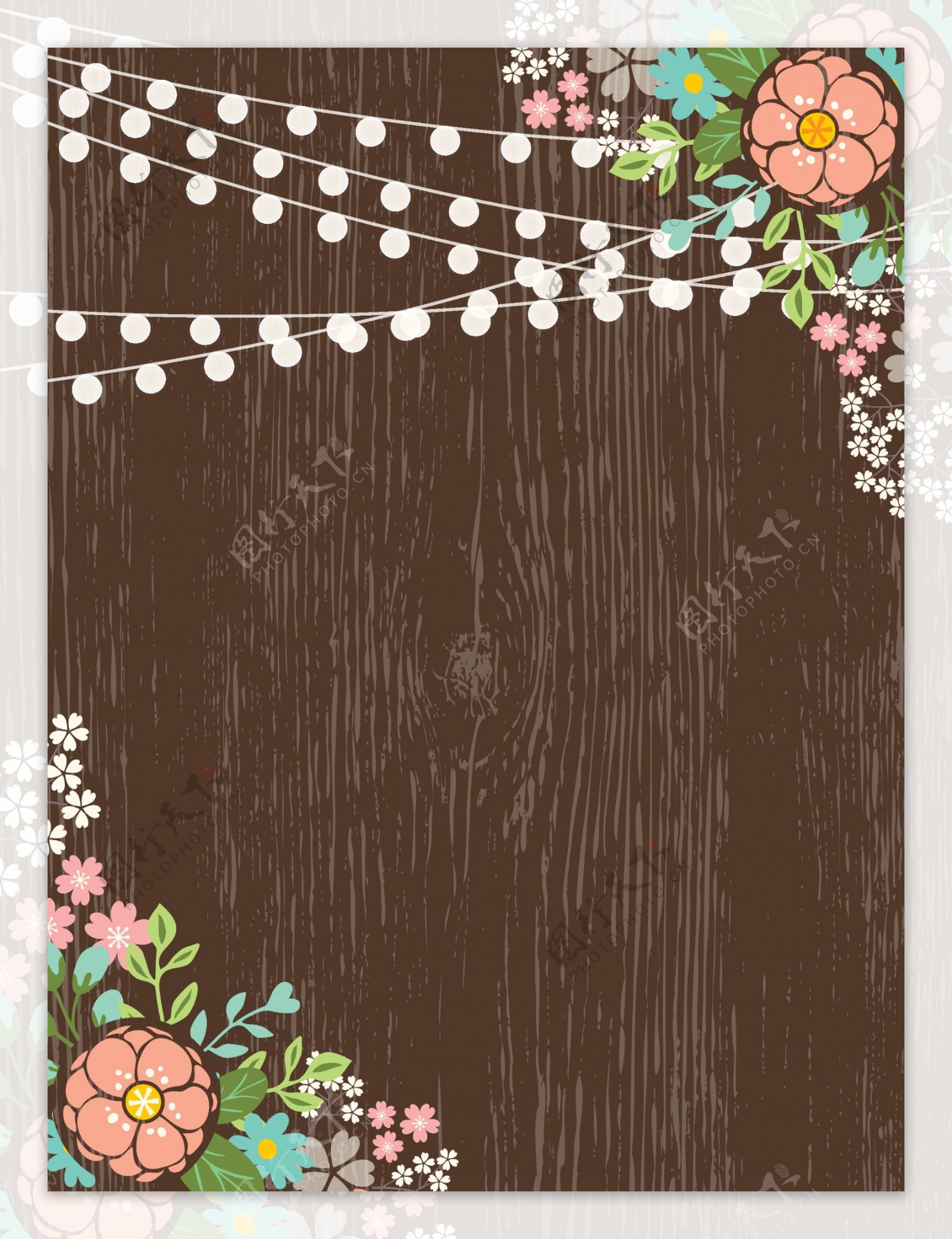 简约日系小清新彩绘木纹花卉边框矢量背景