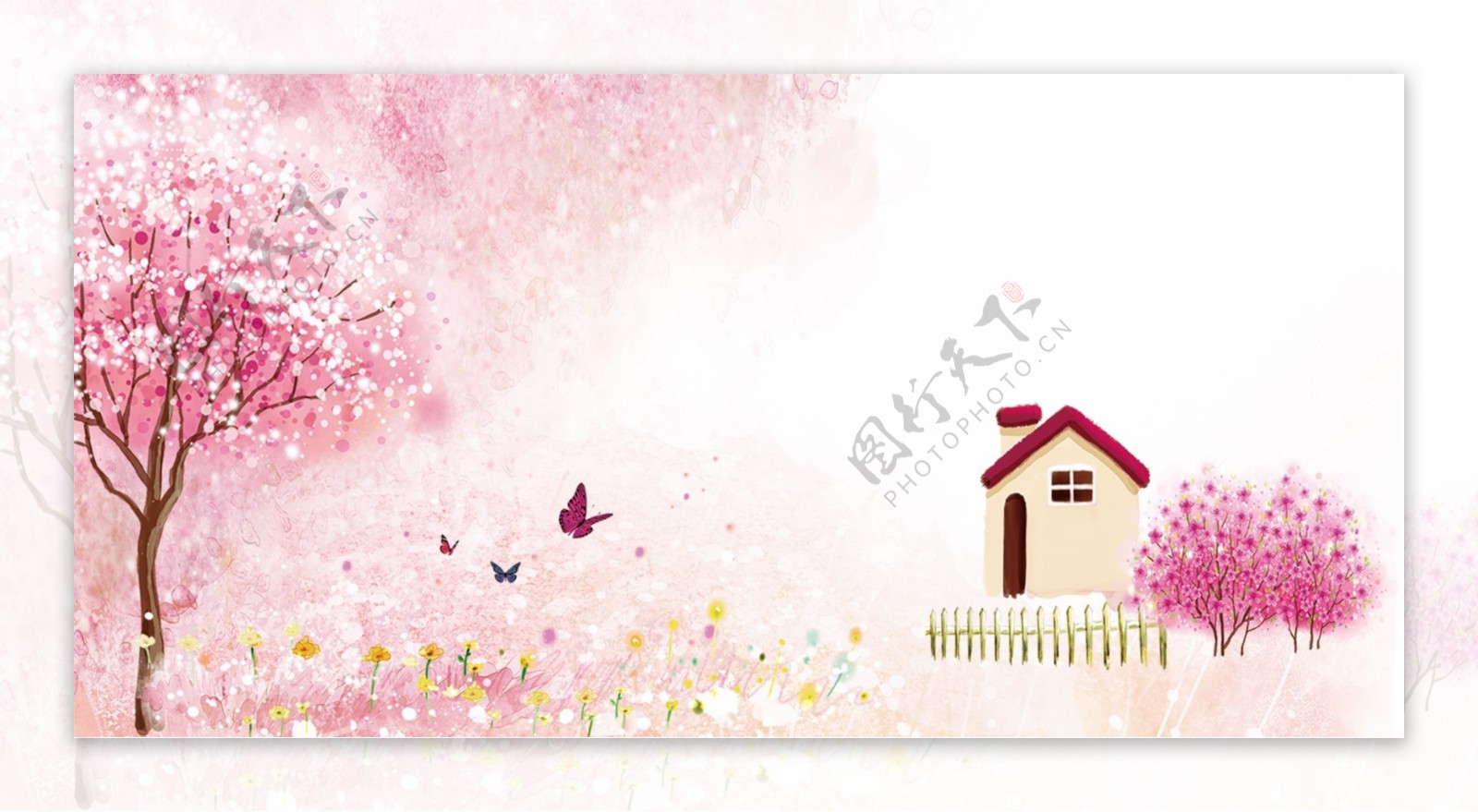 唯美粉色花树小屋背景设计