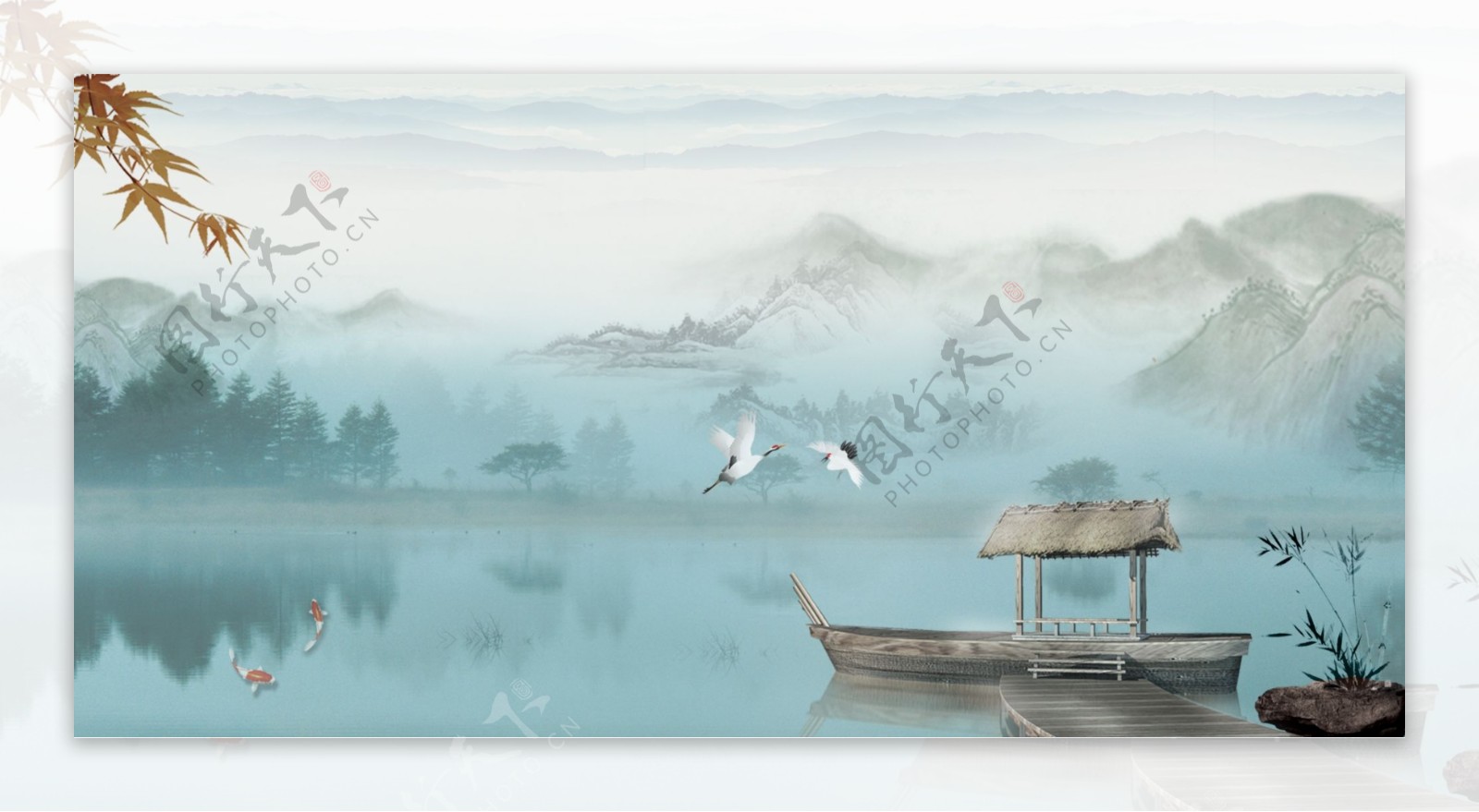 中国风彩绘草船湖泊背景设计