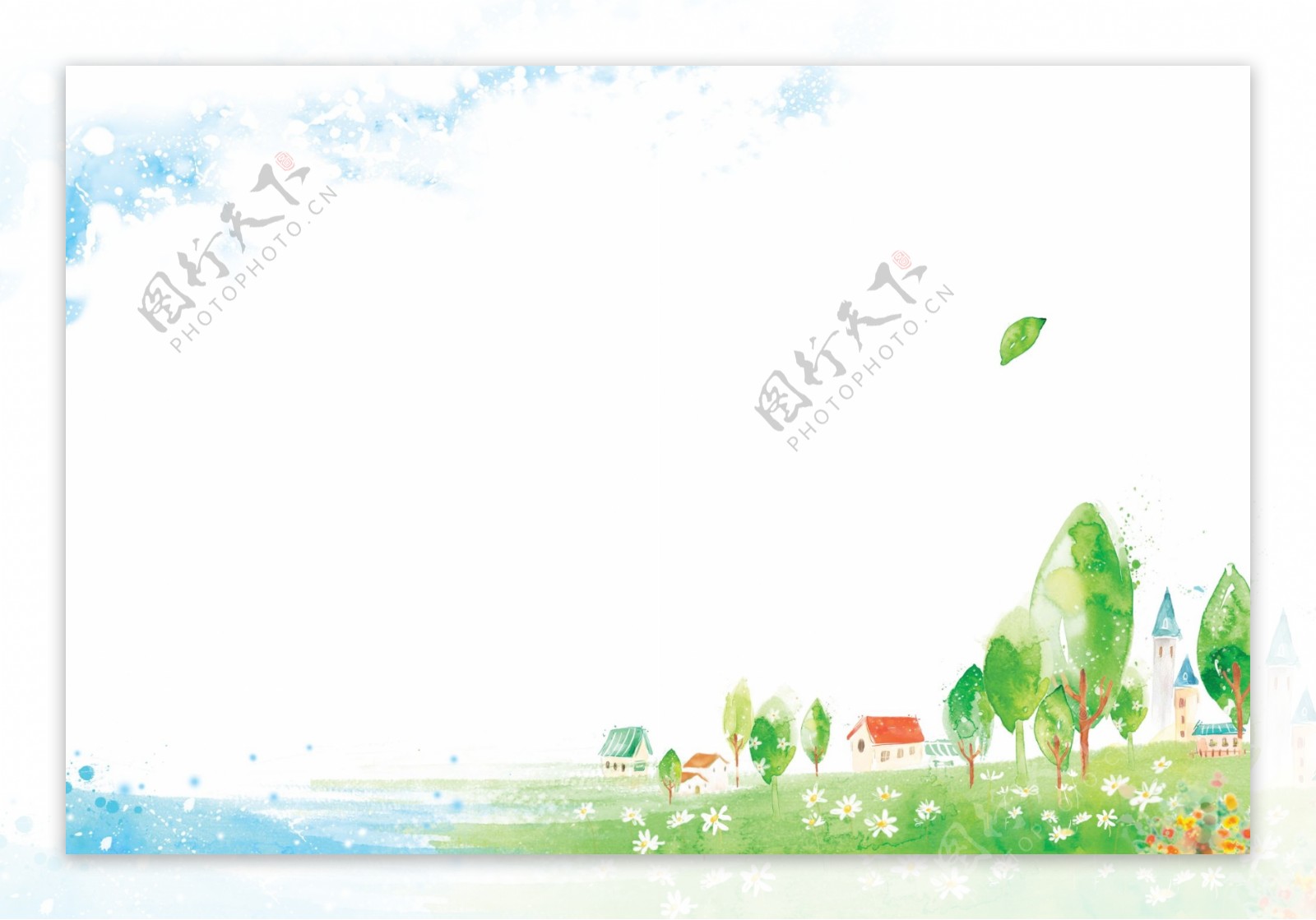 小清新水彩手绘蓝天绿树背景