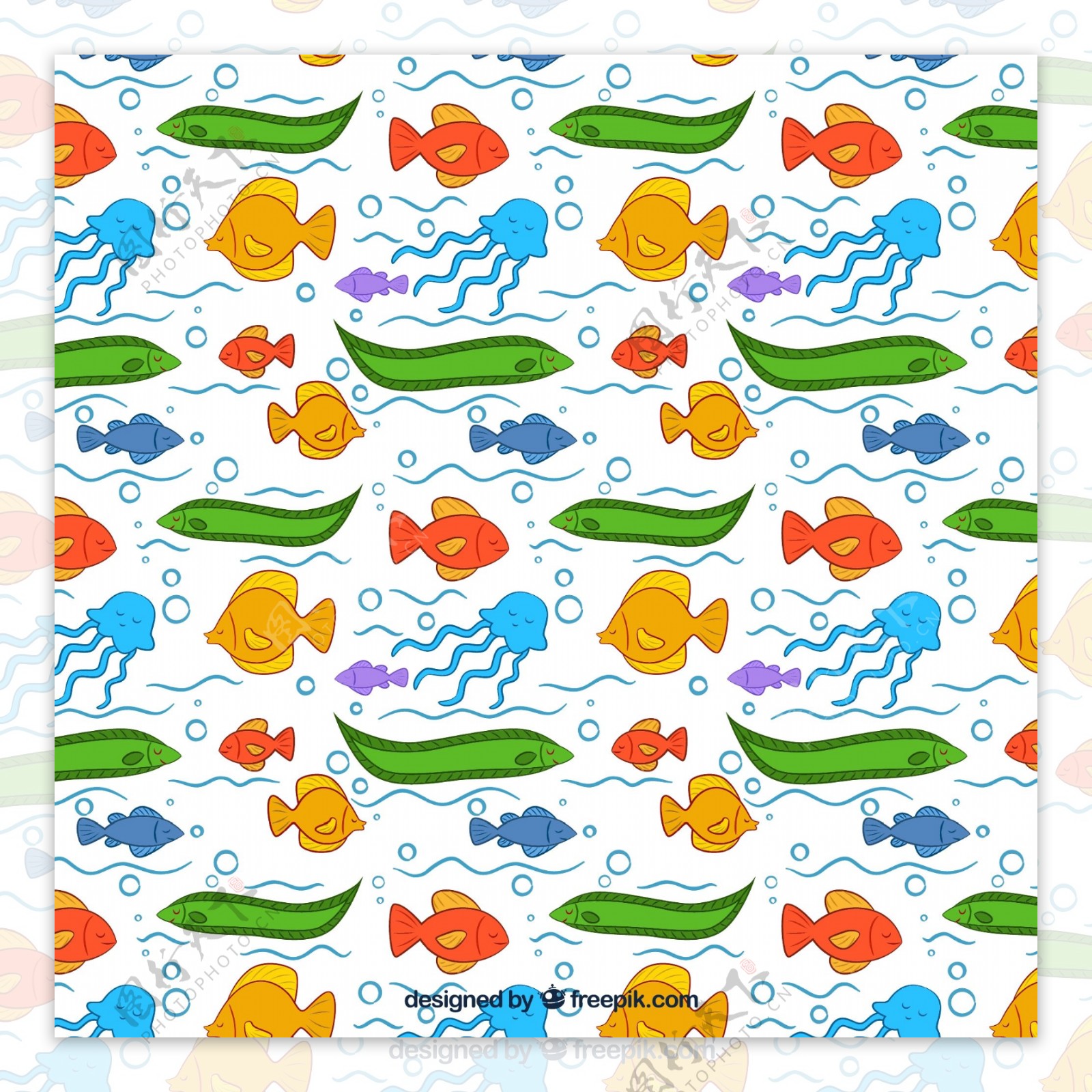 水彩卡通鱼花纹背景图