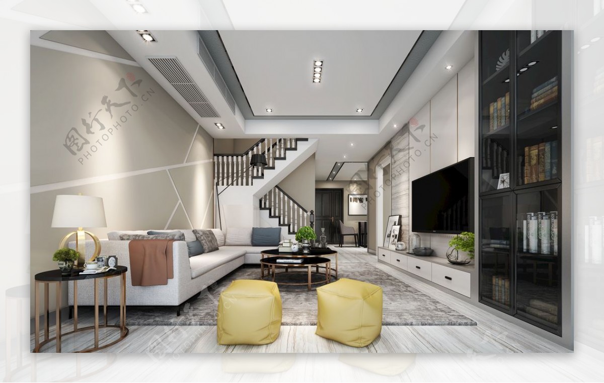 现代客厅loft3D模型效果图