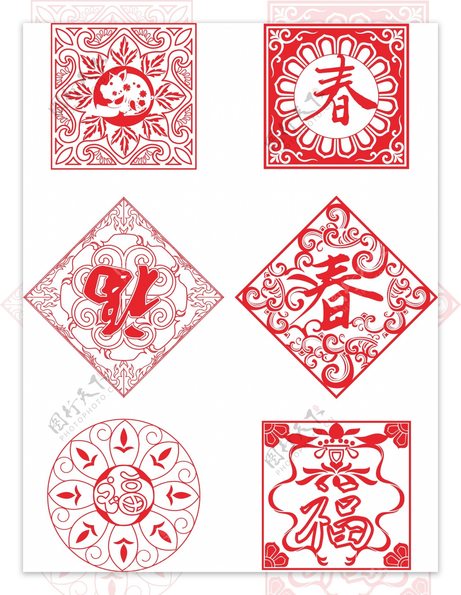 中国红色窗花剪纸装饰素材底纹背景图案套图