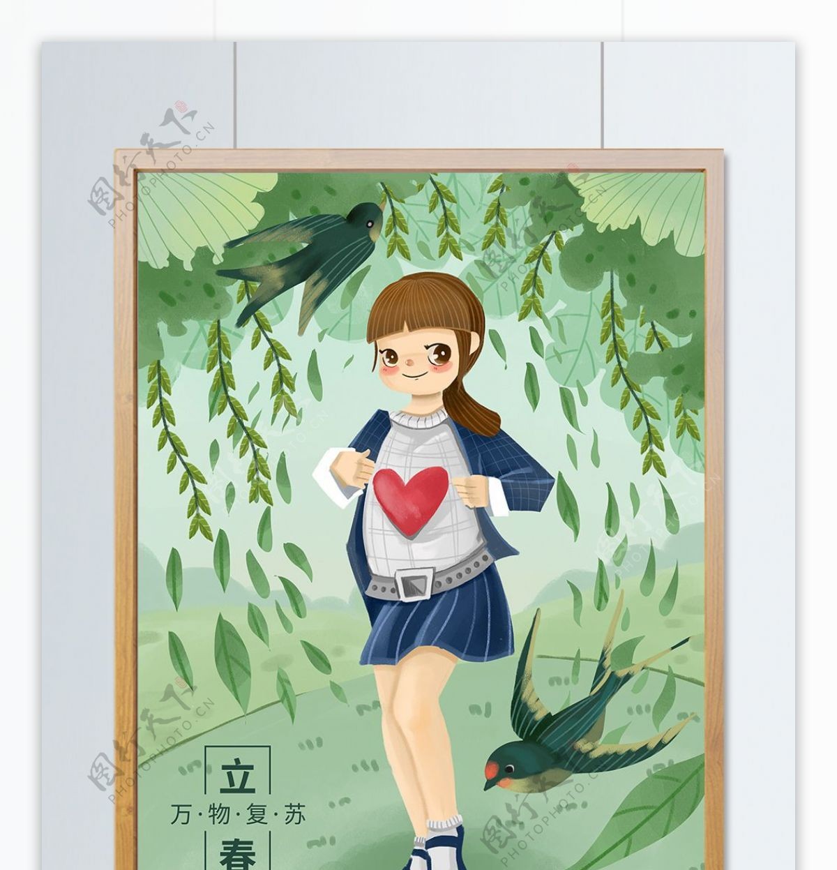 立春节气插画上学的小女孩和燕子
