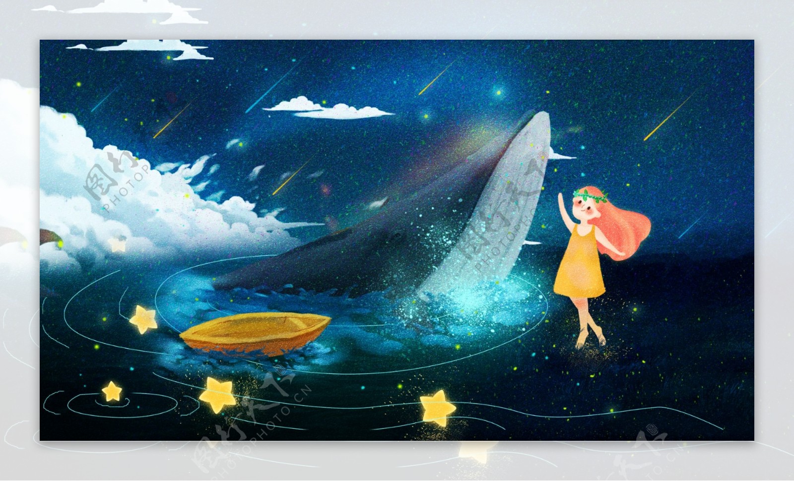 唯美治愈系梦游仙境鲸鱼与女孩手绘插画