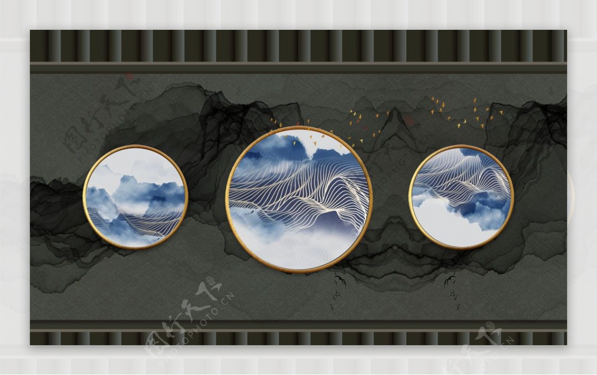中式意境蓝色山水风景大气背景墙