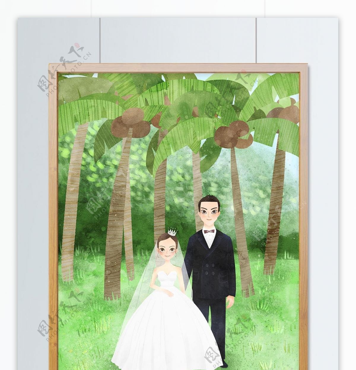 温馨浪漫婚礼椰子树场景插画