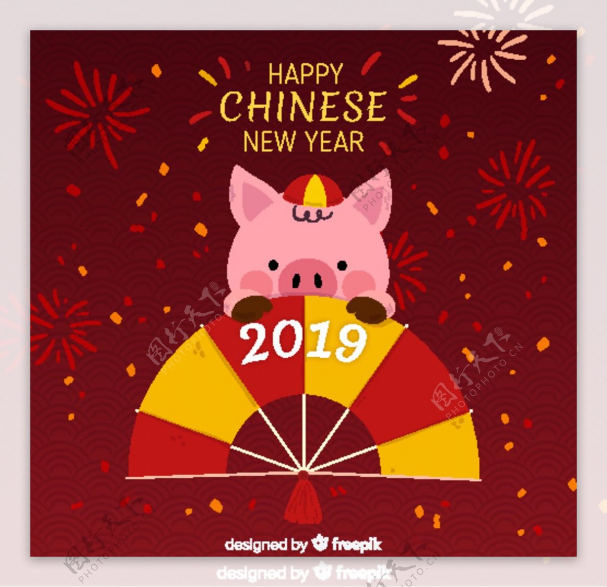 2019年可爱春节猪和扇子矢量