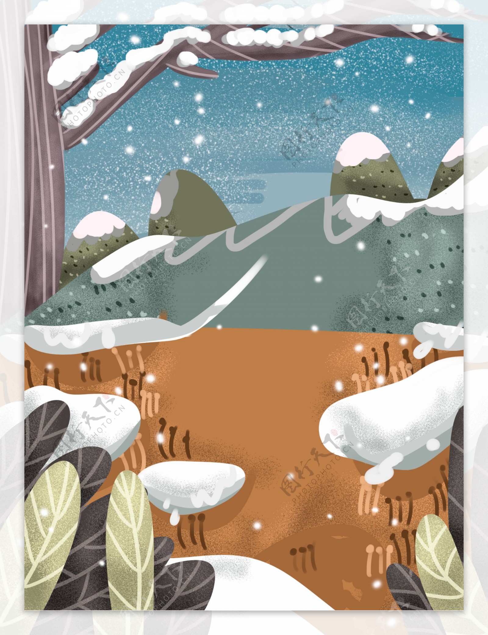 手绘冬季树林雪景背景设计